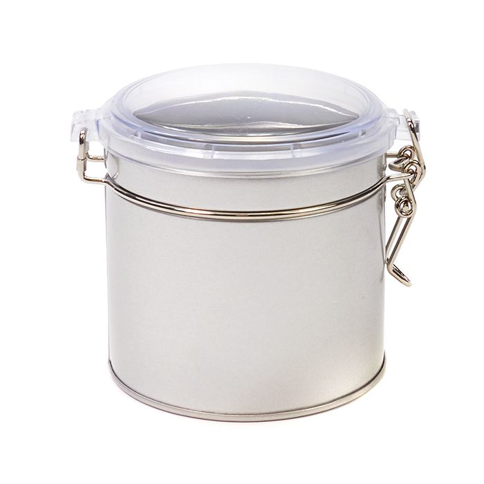 Zilver blik met klipsluiting en transparante deksel