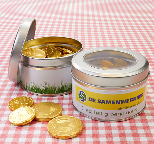 Blikken met chocolade munten voor De Samenwerking